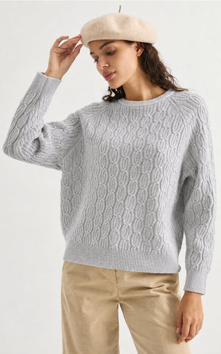 Wool Cable-Knit Raglan Sweater – Light Grey – three-quarter model view