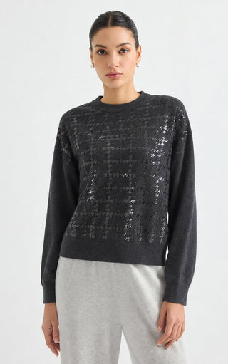 Dark grey cashmere crewneck sweater with allover sequin sparkle