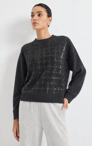 Dark grey crewneck cashmere sweater with subtle sequin pattern, long sleeves