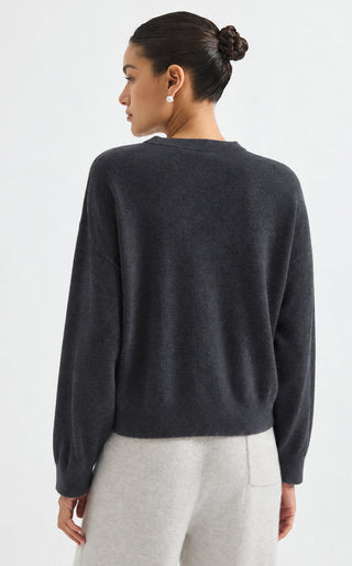 Back view of dark grey cashmere crewneck sweater with allover sequins