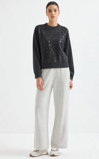 Dark grey cashmere crewneck sweater with allover sequin shine, ribbed cuffs