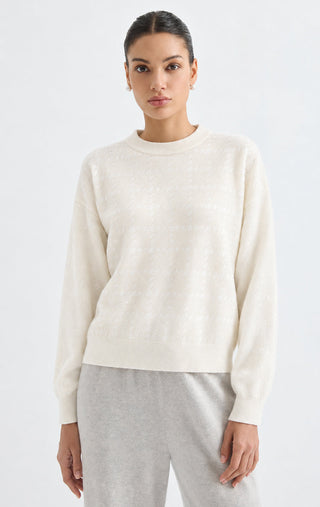 White cashmere crewneck sweater with allover sequin sparkle and ribbed cuffs