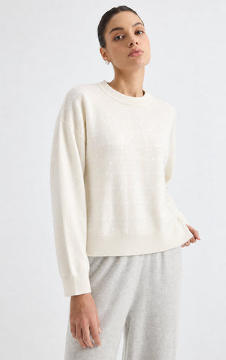 White cashmere crewneck sweater with subtle sequins and long sleeves