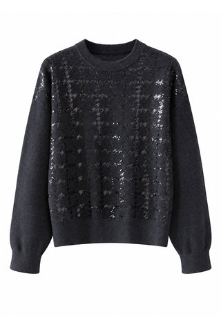 Dark grey cashmere crewneck sweater with allover sequin pattern