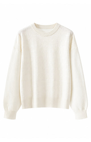 White cashmere crewneck sweater with clean ribbed cuffs and hem