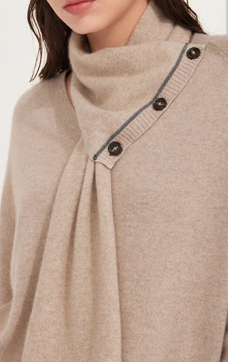 Camel knit sweater close-up: scarf neck with stitched button placket and dark buttons