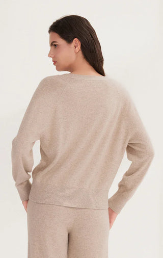 Camel cashmere knit sweater back view, ribbed hem and long sleeves