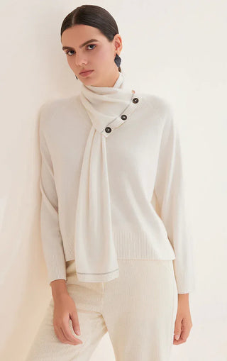 White cashmere knit sweater with scarf-neck collar and dark button placket