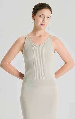Wool Silk Fine Rib Knit V-Neck Tank Top - serathinan 