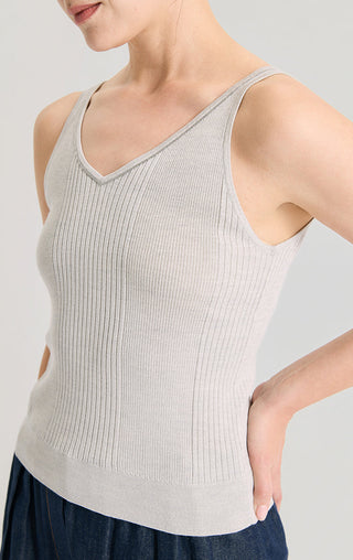 Wool Silk Fine Rib Knit V-Neck Tank Top - serathinan 