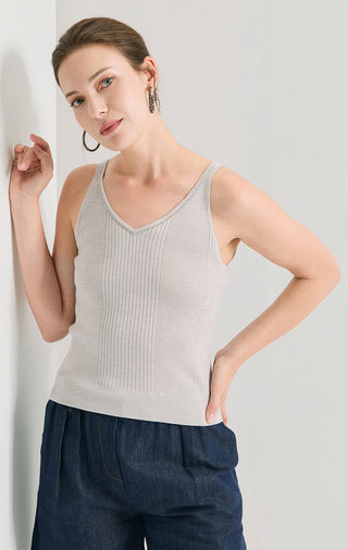 Wool Silk Fine Rib Knit V-Neck Tank Top - serathinan 