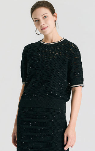 Black linen sequin open-knit short sleeve top with crew neck and ribbed contrast trim