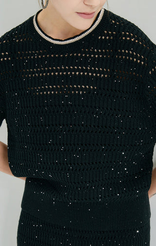 Black sequin open-knit linen short sleeve top close-up with crew neck and dotted sequin texture