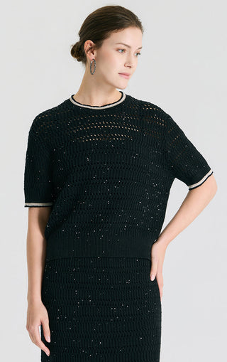 Black linen sequin open-knit short sleeve top, crew neck with contrasting rib trim