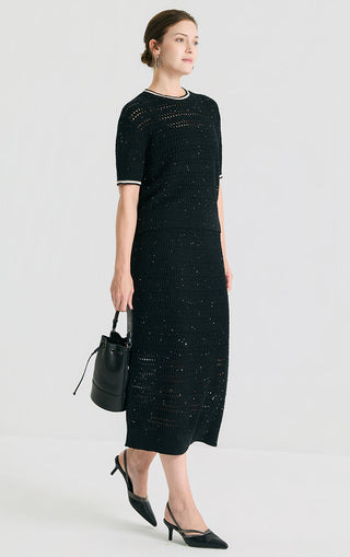 Black linen sequin open-knit short sleeve top, crew neck with ribbed trim and textured knit