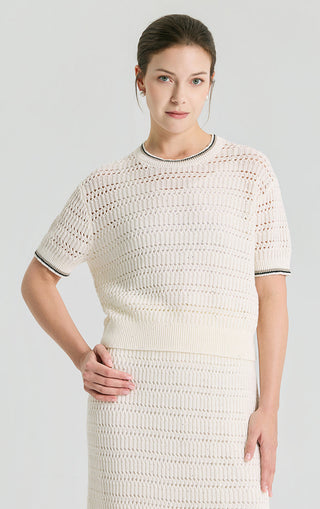 Linen Sequin Open-Knit Short Sleeve Top - serathinan 