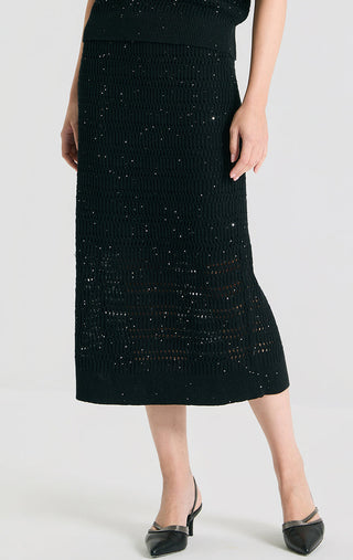 Linen Sequin Open-Knit Midi Skirt - serathinan 