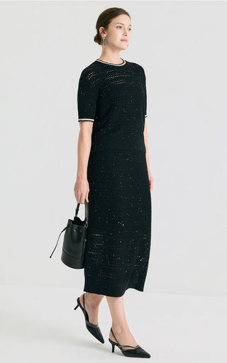 Linen Sequin Open-Knit Midi Skirt - serathinan 