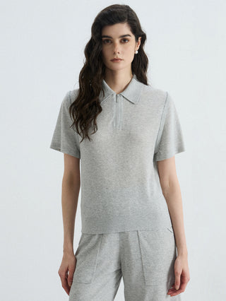 Gray linen-silk blend half-zip polo knit top with ribbed collar and short sleeves