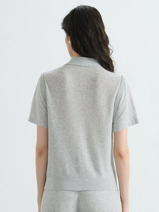 Gray linen-silk blend half-zip polo knit top, short sleeves, back view
