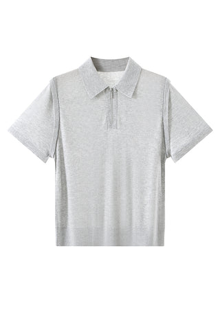 Linen-Silk Blend Half-Zip Polo Knit Top