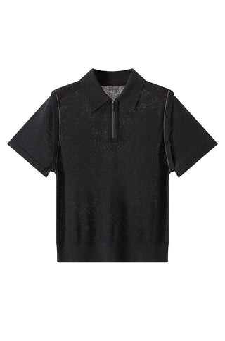Linen-Silk Blend Half-Zip Polo Knit Top