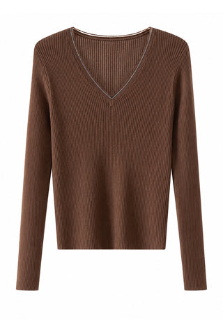 Fine wool ribbed V-neck sweater in coffee brown, long sleeves