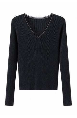 Fine wool ribbed V-neck sweater in graphite, long sleeves