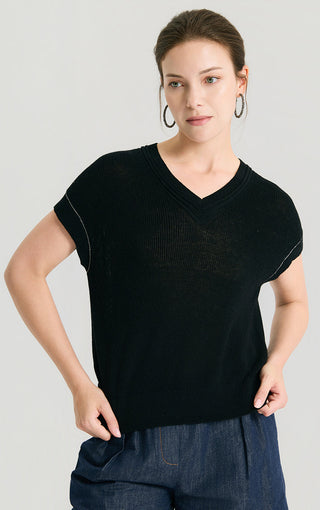 Linen Silk Tencel Ribbed V-Neck Knit Top