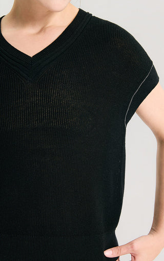 Linen Silk Tencel Ribbed V-Neck Knit Top