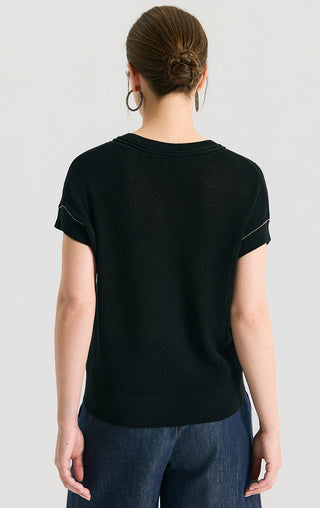 Linen Silk Tencel Ribbed V-Neck Knit Top