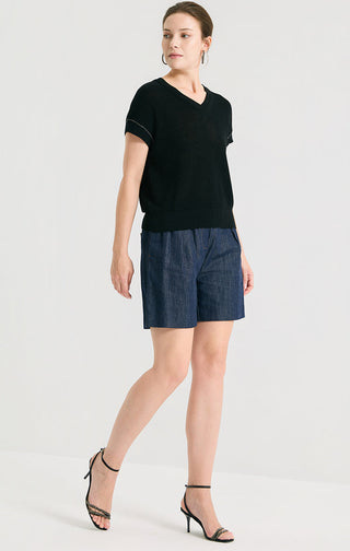 Linen Silk Tencel Ribbed V-Neck Knit Top