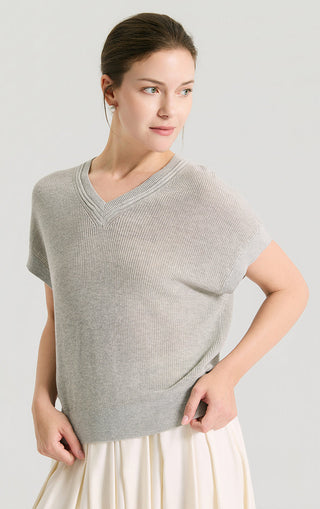 Linen Silk Tencel Ribbed V-Neck Knit Top