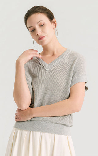 Linen Silk Tencel Ribbed V-Neck Knit Top