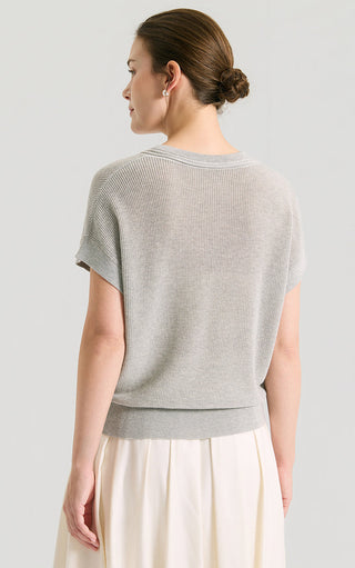 Linen Silk Tencel Ribbed V-Neck Knit Top