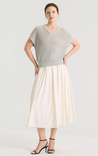 Linen Silk Tencel Ribbed V-Neck Knit Top