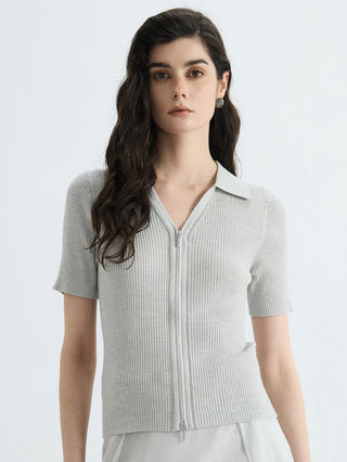 Light gray ribbed wool-silk full-zip polo knit top with short sleeves and stand collar