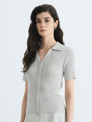 Light gray wool-silk ribbed full-zip polo knit top, front with V-neck zipper
