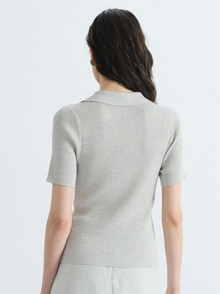 Light gray wool-silk ribbed full-zip polo knit top, back view