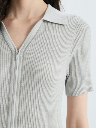 Close-up of light gray ribbed full-zip polo knit top with stand collar and zipper seam