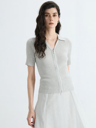 Front view of light gray ribbed full-zip polo knit top with short sleeves and zipper