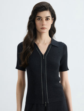 Black wool-silk blend ribbed full-zip knit polo top, short sleeves, zip closure