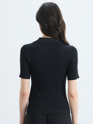 Back view of black ribbed full-zip polo knit top with short sleeves and smooth hem