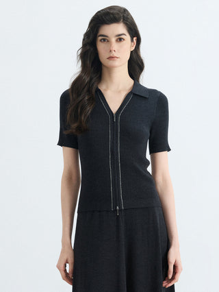 Black wool-silk ribbed full-zip polo knit top, short sleeves, stand collar with zipper