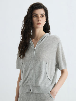 Gray ribbed hooded zip-up linen-silk blend top, short sleeves and front zipper