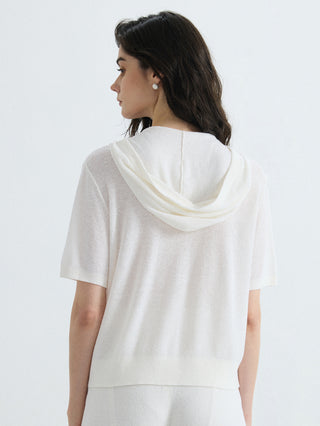 Ivory ribbed hooded zip-up top, back view with hood drape and short sleeves.