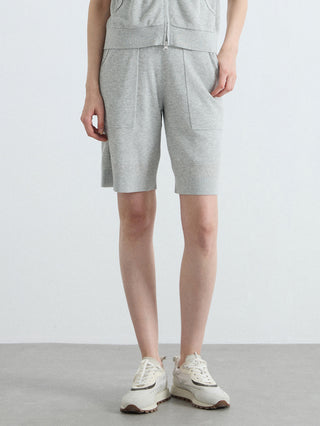 Gray relaxed ribbed knit shorts with front zip and cargo patch pockets