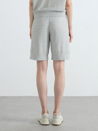 Gray relaxed ribbed knit shorts with elastic waist and knee-length relaxed legs