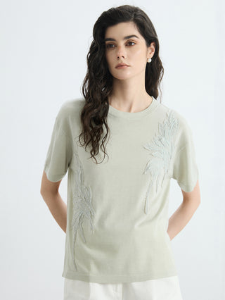 Matcha green wool-silk relaxed knit crewneck t-shirt with leaf embroidery at chest