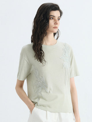 Matcha green crewneck knit t-shirt with tonal leaf embroidery and relaxed drape